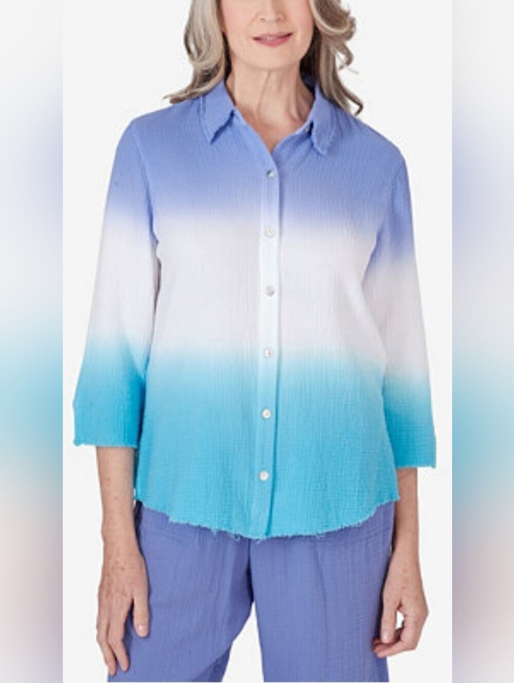 Alfred Dunner Summer Breeze Dip Dye Gauze Button Down Shirt Size Large